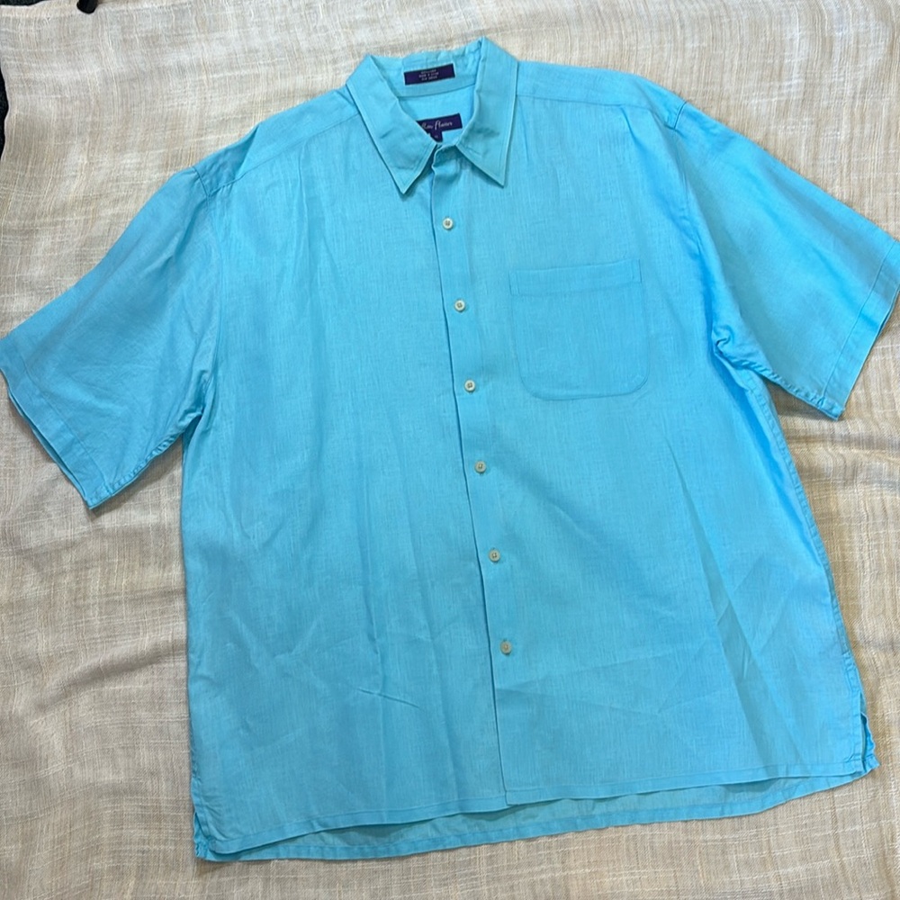 Alan Flusser Blue Linen Shirt, Button Down Casual Beachy, Short Sleeve, …